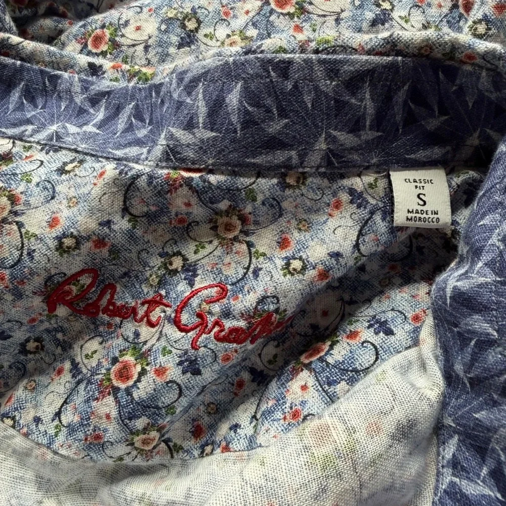 ROBERT GRAHAM Button Down Blue Floral Linen Blend Men's Size Small Dainty LS